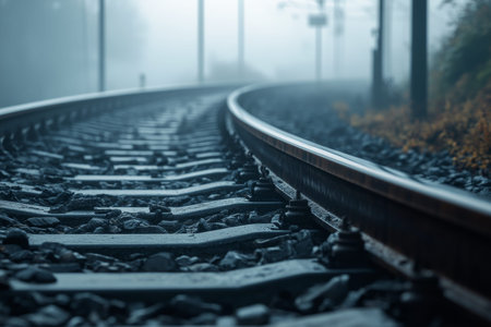 Close up of curved railway track vanishing into misty fog with reflective steel rails and ballastの写真素材