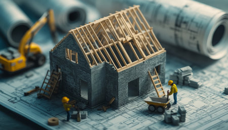 Miniature construction scene on architectural blueprints with workers and tools in realistic detailの写真素材