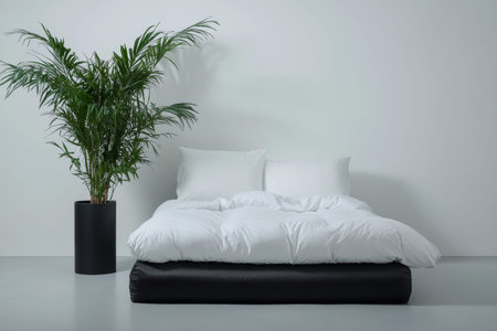 Elegant minimalist bedroom design in black and white with lush green indoor plant accent