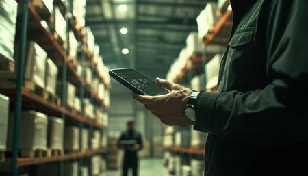 Hyper realistic warehouse scene with worker using tablet for logistics and inventory managementの写真素材