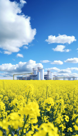 3d visualization of a modern power plant with yellow rapeseed flowers on a sunny dayの写真素材