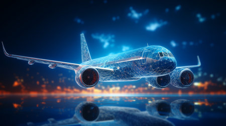 Digital airplane in low poly style on blue background for travel technology and air transportの写真素材