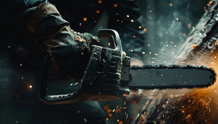 Dynamic chainsaw cuts tree trunk with sparks flying in dark background