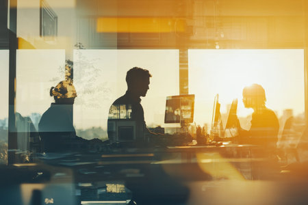 Dynamic collaboration of business professionals in modern office with double exposure effect