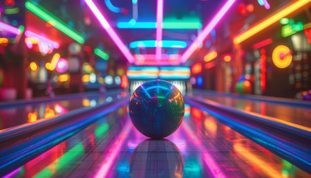 Vibrant neon bowling alley with glowing lights and a colorful bowling ball in motionの写真素材