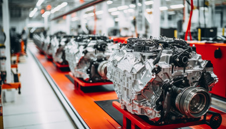 Car engine assembly line in factory with conveyors and engines ready for packaging and shippingの写真素材