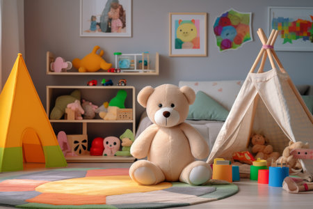 Cozy and colorful children s playroom with plush teddy bear and vibrant toys in bright lightの写真素材