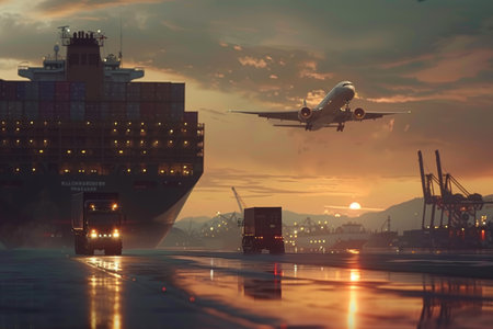 Sunset scene at the port cargo ship, truck, container ships, and an airplane above for logisticsの写真素材