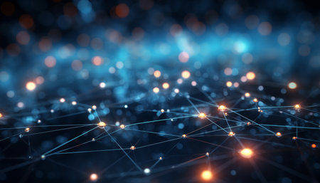 Futuristic network connection illustration with glowing dots and lines for digital technology themesの写真素材