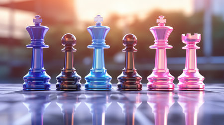 Vibrant 3d chess pieces on a reflective board blue king, pink queen, and orange rookの写真素材