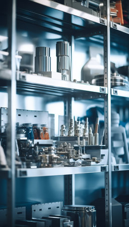 Industrial laboratory shelves displaying various parts and components in a blurred backgroundの写真素材