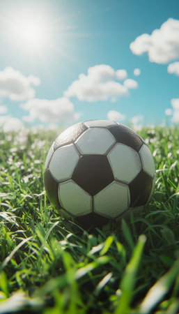 Close up of classic black and white soccer ball on vibrant green grass with blue sky backgroundの写真素材