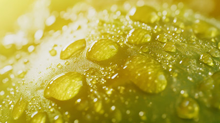 Extreme close up of a fresh green apple with water droplets against a vivid yellow backgroundの写真素材
