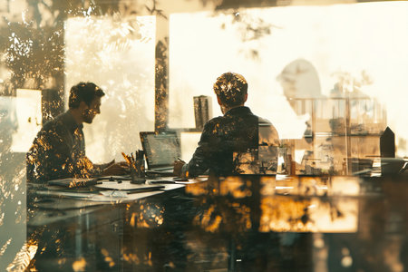 Dynamic collaboration of business professionals in a modern office with double exposure effectの写真素材