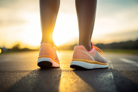 Close up of a female runner s shoes on the road at sunrise during morning training sessionの写真素材