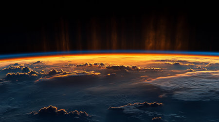 Stunning sunrise over earth from space, illuminating clouds beneath a dark blue sky