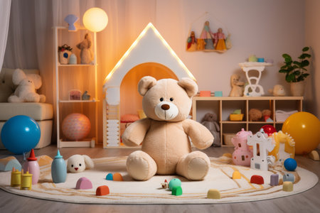 Cozy and colorful children s playroom with plush teddy bear and vibrant building blocksの写真素材