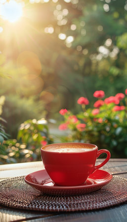 Close up of a red coffee cup on a table with blurred garden background in soft morning lightの写真素材