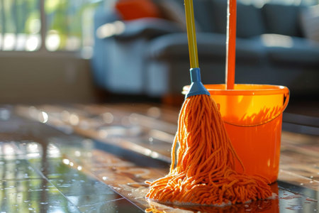 Vibrant cleaning supplies on wooden living room floor with focus on mop and bucket for a clean home