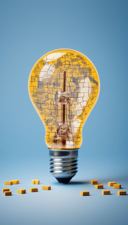 Bright yellow light bulb on blue background with puzzle pieces symbolizing creativity and innovationの写真素材