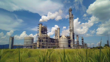 Industrial facility emitting smoke with chemical tanks under clear blue sky in bright daylight