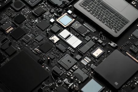 Parts of a laptop, tablet, and mobile phone on black background for repair service promotion