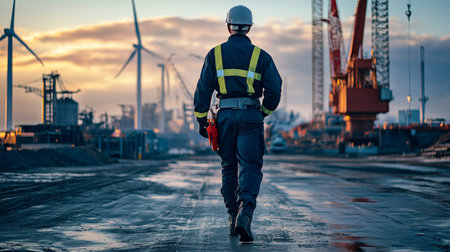 Stylishly dressed oil and gas worker strolling through port with wind turbines and construction site