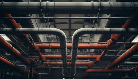 Stylish industrial interior featuring steel pipes and wires in ceiling close up photography shotの写真素材