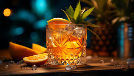 Refreshing peach and orange cocktail in old fashioned glass, garnished and illuminated warmlyの写真素材