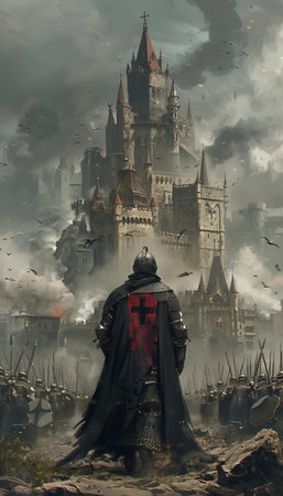 Medieval knight in armor with red cross leads soldiers before castle amidst dark clouds and smoke