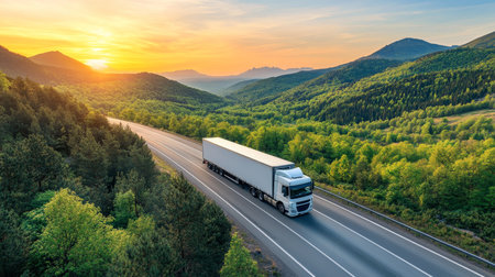 Aerial view of a white truck with cargo trailer driving through mountainous landscape at sunsetの写真素材