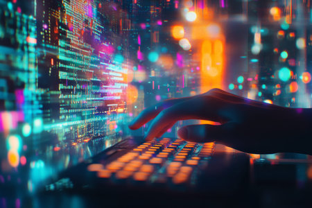 Futuristic workspace close up of a hand on keyboard with web design and neon charts background