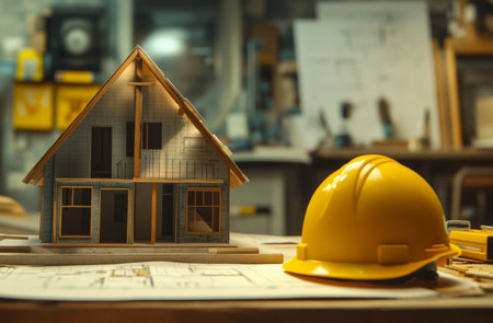 House model on table with yellow construction helmet and architectural drawing in focusの写真素材