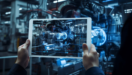 Engineer with helmet using augmented reality tablet for factory equipment control and monitoringの写真素材