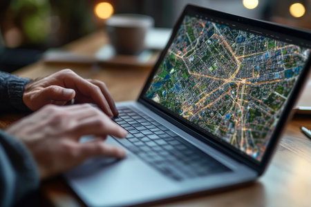 Professional using digital mapping software to enhance satellite imagery for urban planningの写真素材