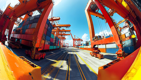Vibrant port scene container ship loading at dock with colorful cranes and cargo yardの写真素材