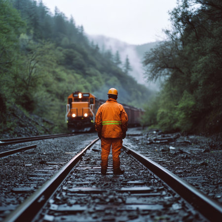 Railway worker in orange jacket and helmet stands on tracks as train approaches from behindの写真素材