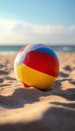 Vibrant beach ball on golden sand at tropical seacoast during summer season in bright sunlightの写真素材