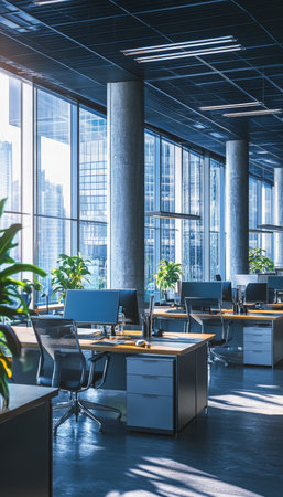 Contemporary open plan office space featuring desks and columns with stunning city viewsの写真素材