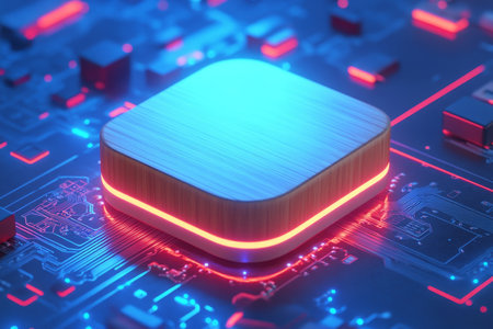 Isometric 3d render of a smart TV box on circuit board with neon lights and surfaceの写真素材