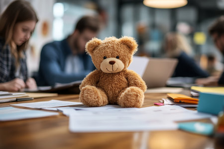 A teddy bear amidst young professionals in a collaborative office setting, blending joy and workの写真素材