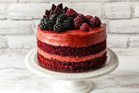 Delicious red velvet cake topped with berries displayed on a stand against a white brick wall