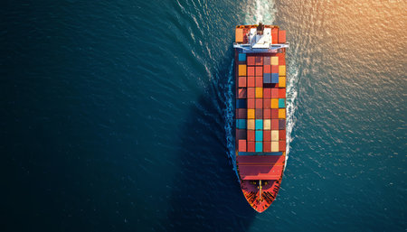 Aerial perspective of a red cargo ship navigating the open sea with shipping containers on boardの写真素材