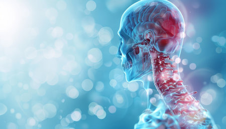 3d render of neck pain medical concept x ray close up of spine and head anatomy on blue backgroundの写真素材