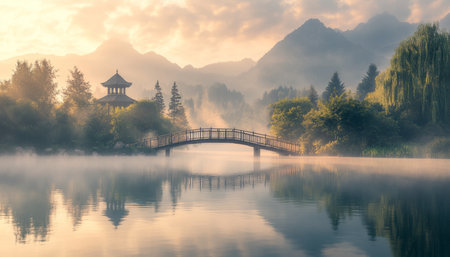 Misty lake and wooden bridge in a Chinese garden at sunrise with mountains and sunlight raysの写真素材