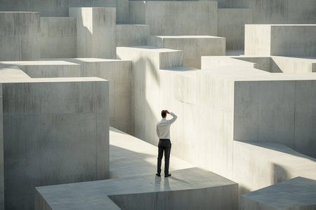 A man in a modern maze a striking contrast of frustration against pristine white wallsの写真素材