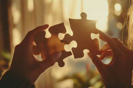 Two hands preparing to connect large cardboard puzzle pieces in a warm, ethereal environmentの写真素材