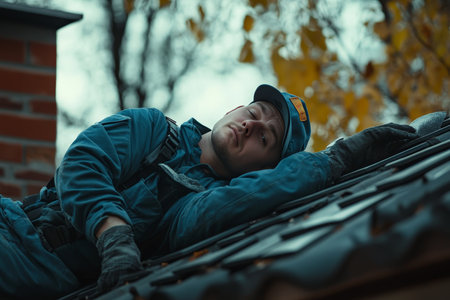 Exhausted Construction Worker Taking a Break, Resting on Rooftop After Hard Work on Autumn Dayの写真素材