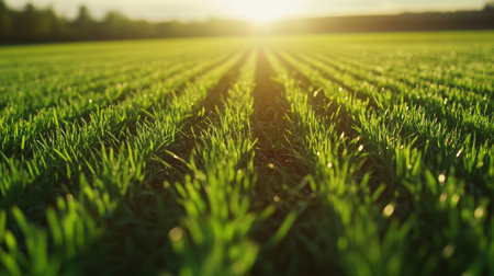 Stunning green striped lawn bathed in sunlight, perfect for garden design and commercial useの写真素材