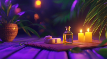 Essential oil and candle spa scene on bamboo mat with relaxing purple lighting and green leavesの写真素材